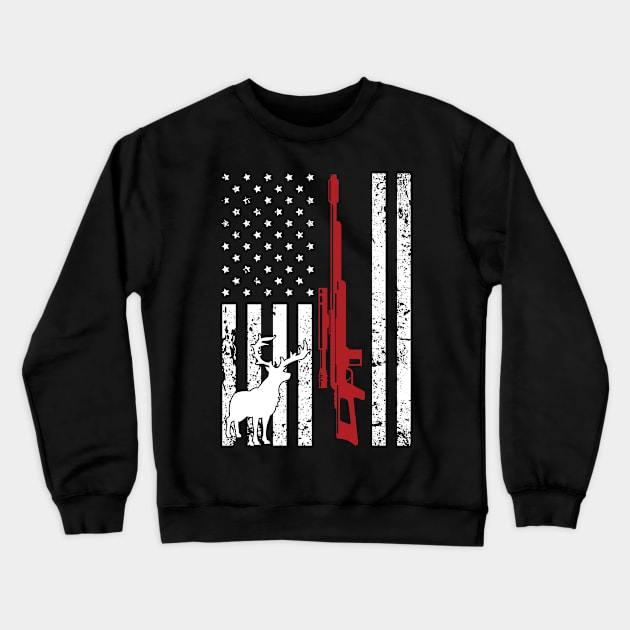 usa flag overly with deer and hunters gun Crewneck Sweatshirt by J&R collection